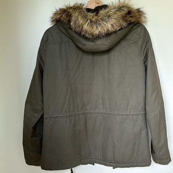 Love Tree‎ Olive Green barn coat jacket faux fur hood drawstring - Picture 5 of 8